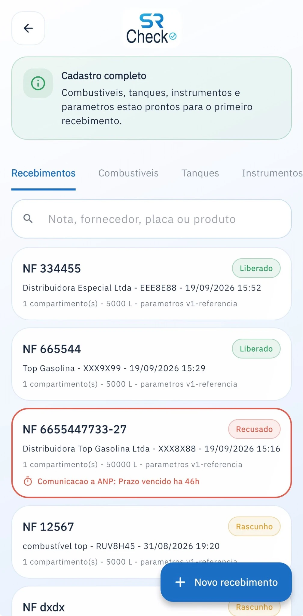 Histórico de recebimentos