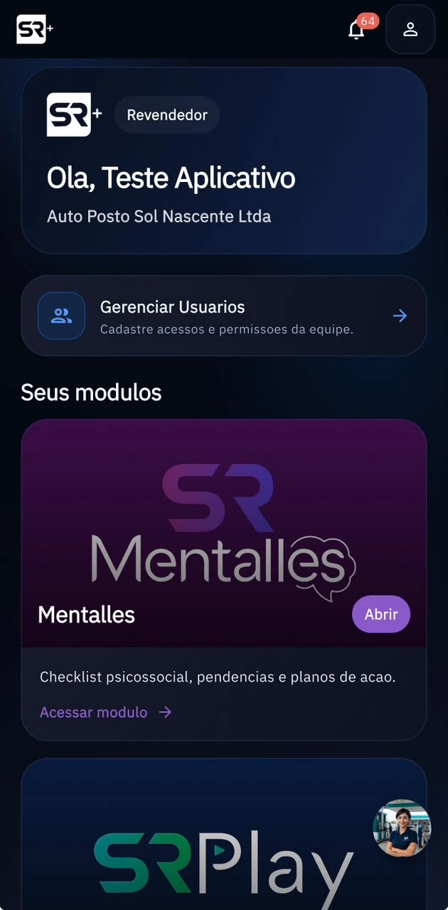 Tela inicial do app SR+ com acesso aos módulos